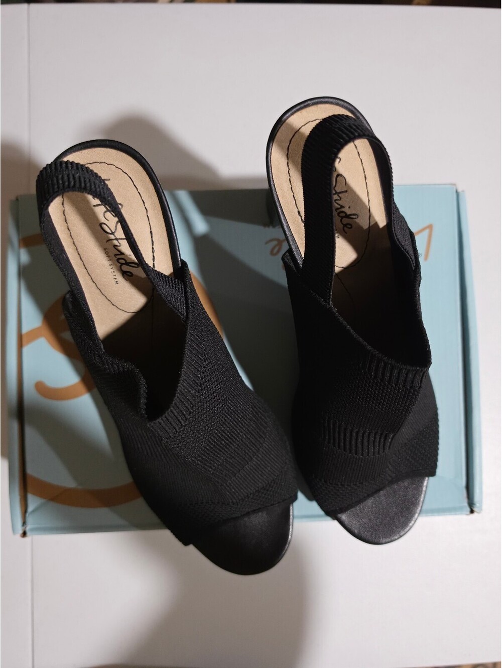 Life Stride Black Knit Slingback Peep Toe Heels Size 10